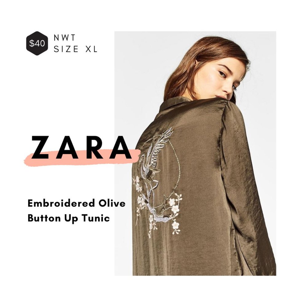 Zara Silky Button Up Tunic with Embroidery